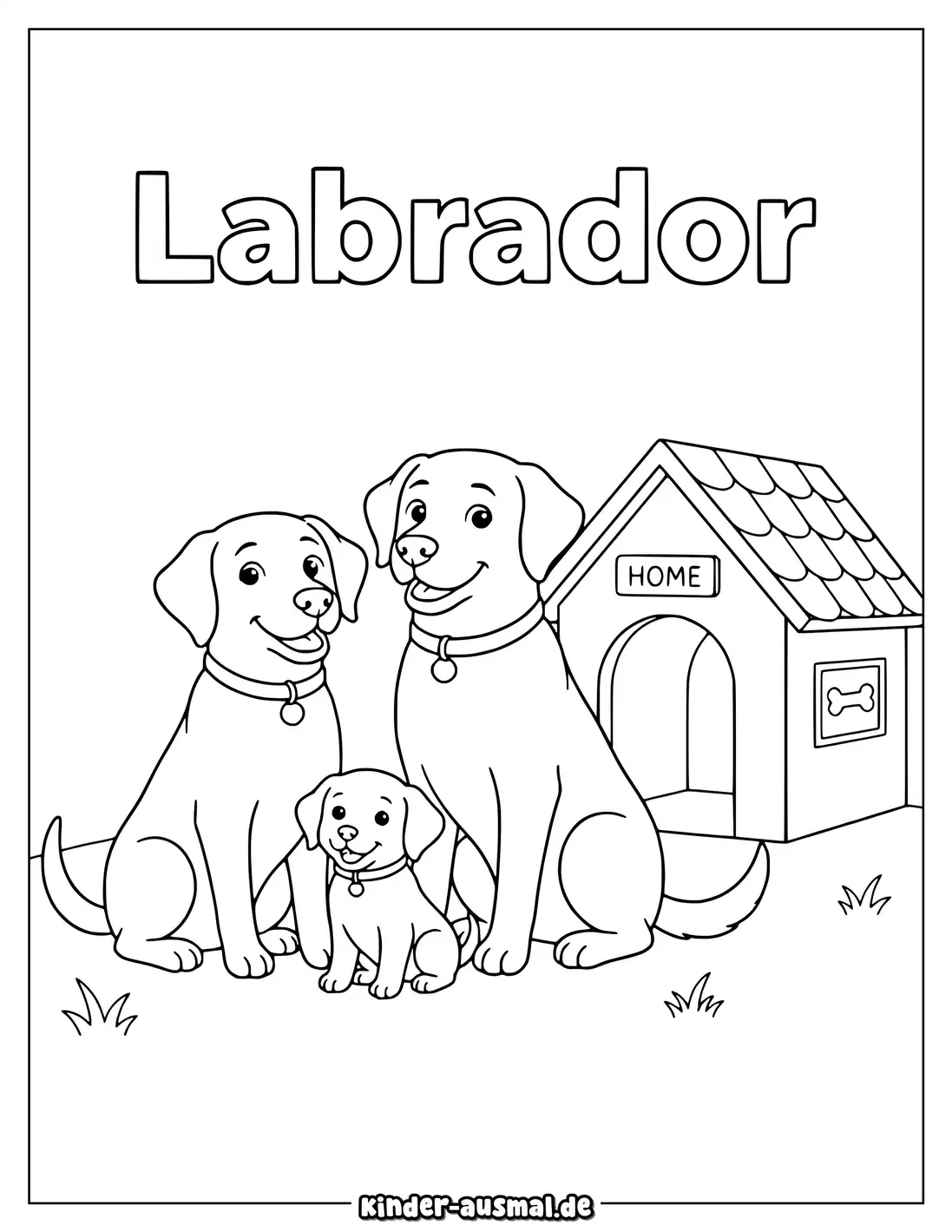 Labrador Familie sitzt gemeinsam vor einer kleinen Hundehütte.