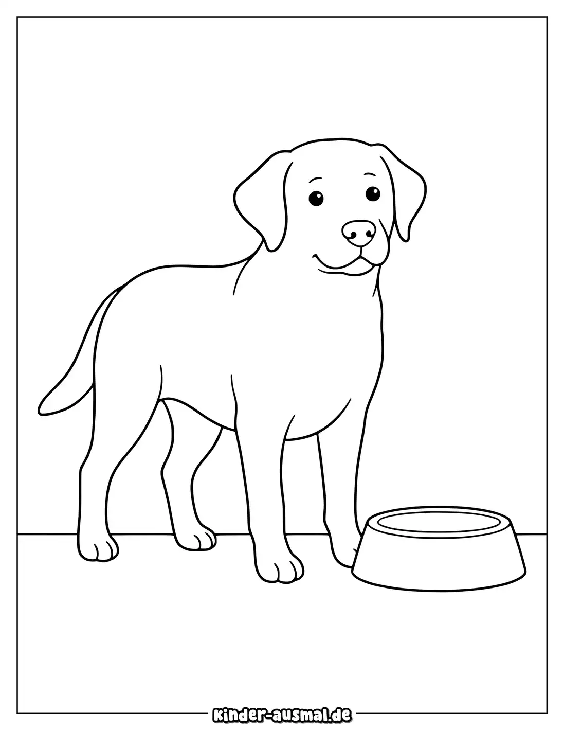 Labrador steht neben einem Napf und schaut neugierig nach vorne.