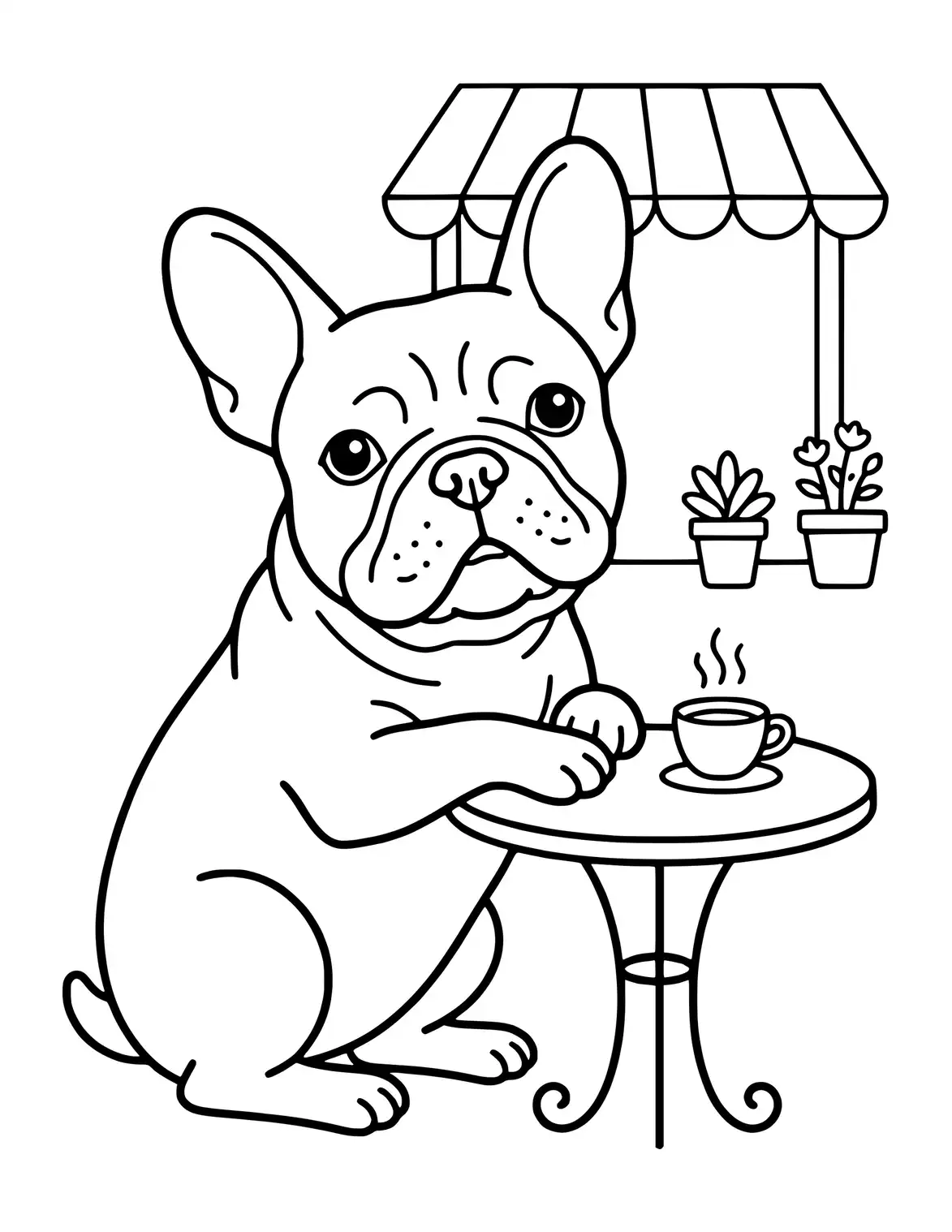 French Bulldog sitzt in einem Café.
