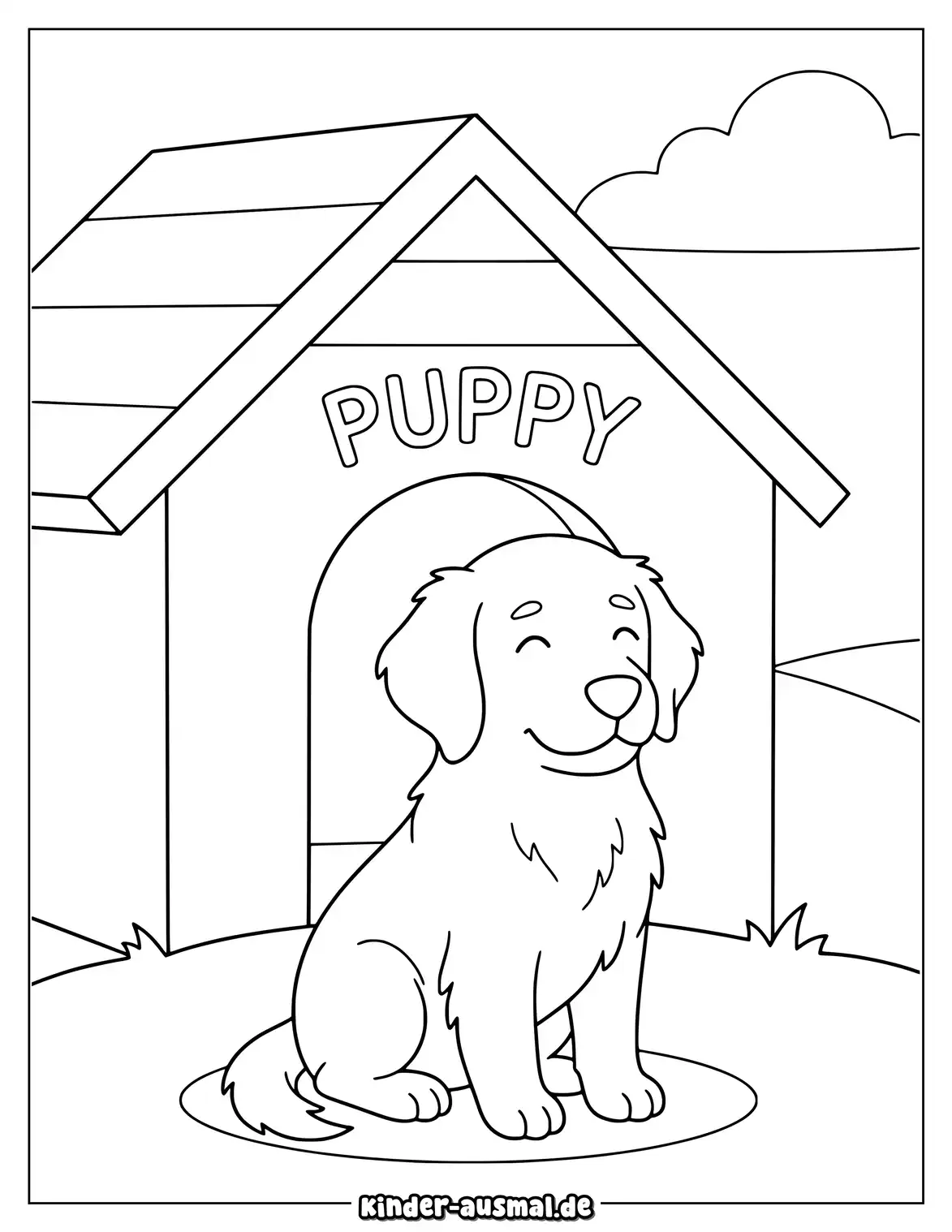 Golden Retriever Welpe sitzt vor einer großen Hundehütte.