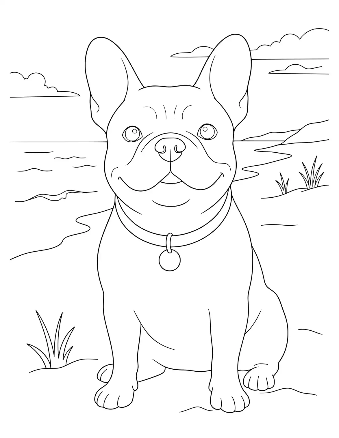 French Bulldog spielt am Strand.