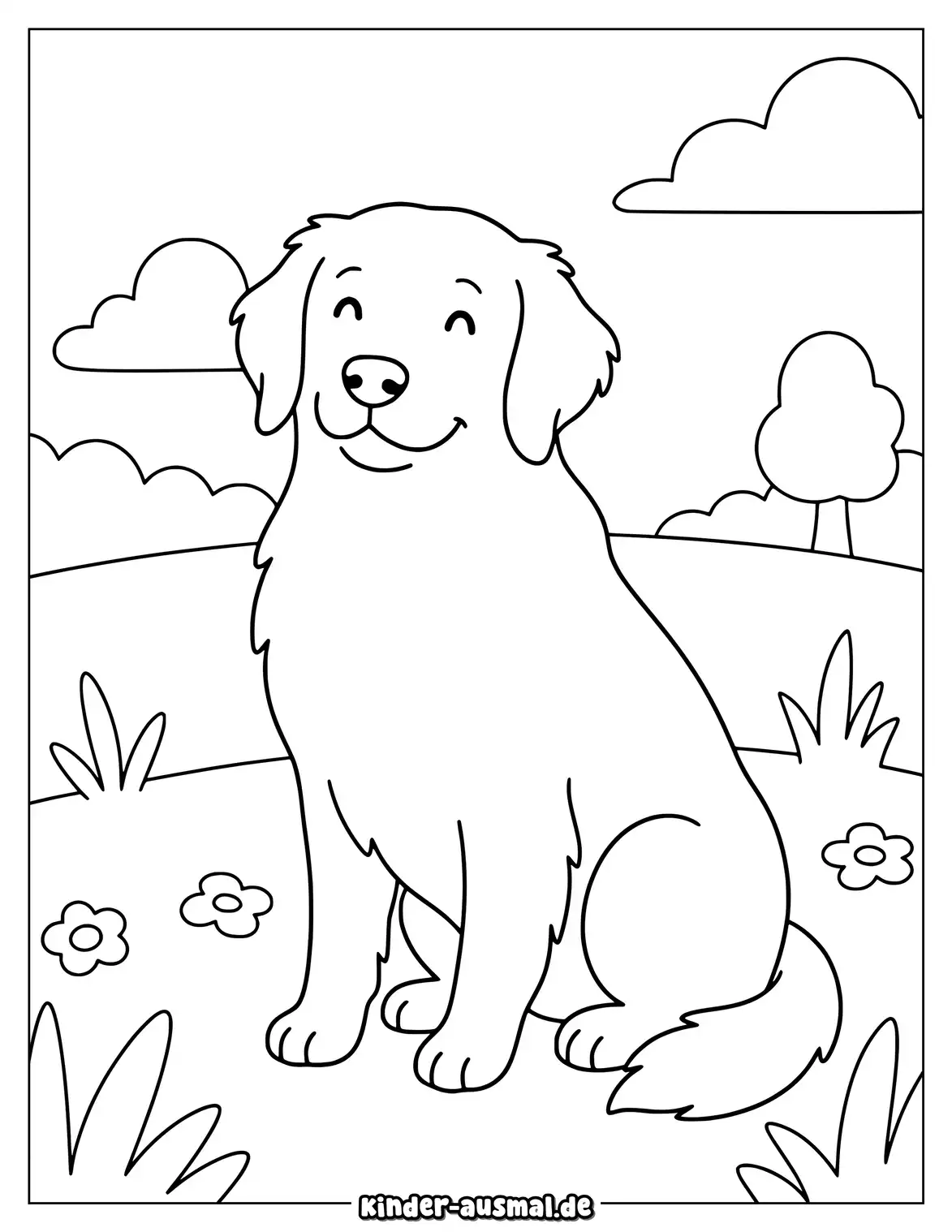 Golden Retriever sitzt mit einem freundlichen Gesicht auf einer Wiese.