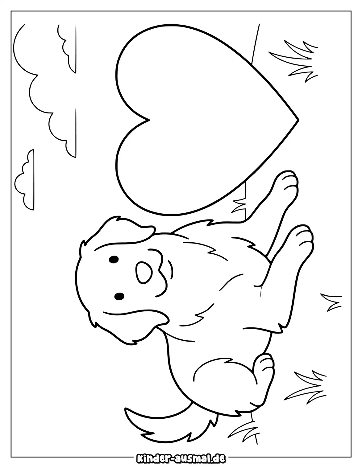 Golden Retriever liegt neben einem großen Herz auf dem Boden.