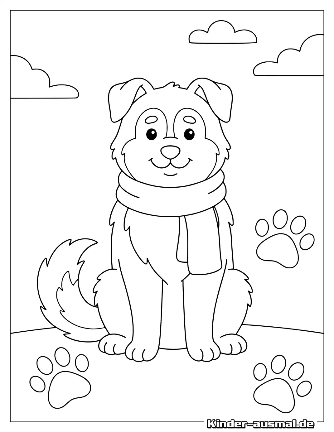 Husky mit Schal zum Ausmalen.