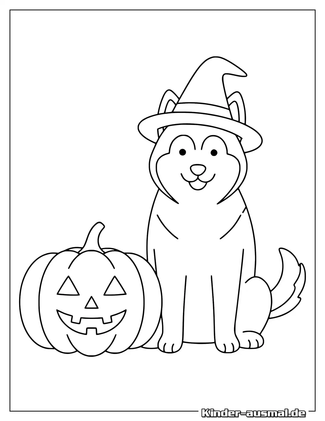 Husky mit Halloween-Motiv zum Ausmalen.