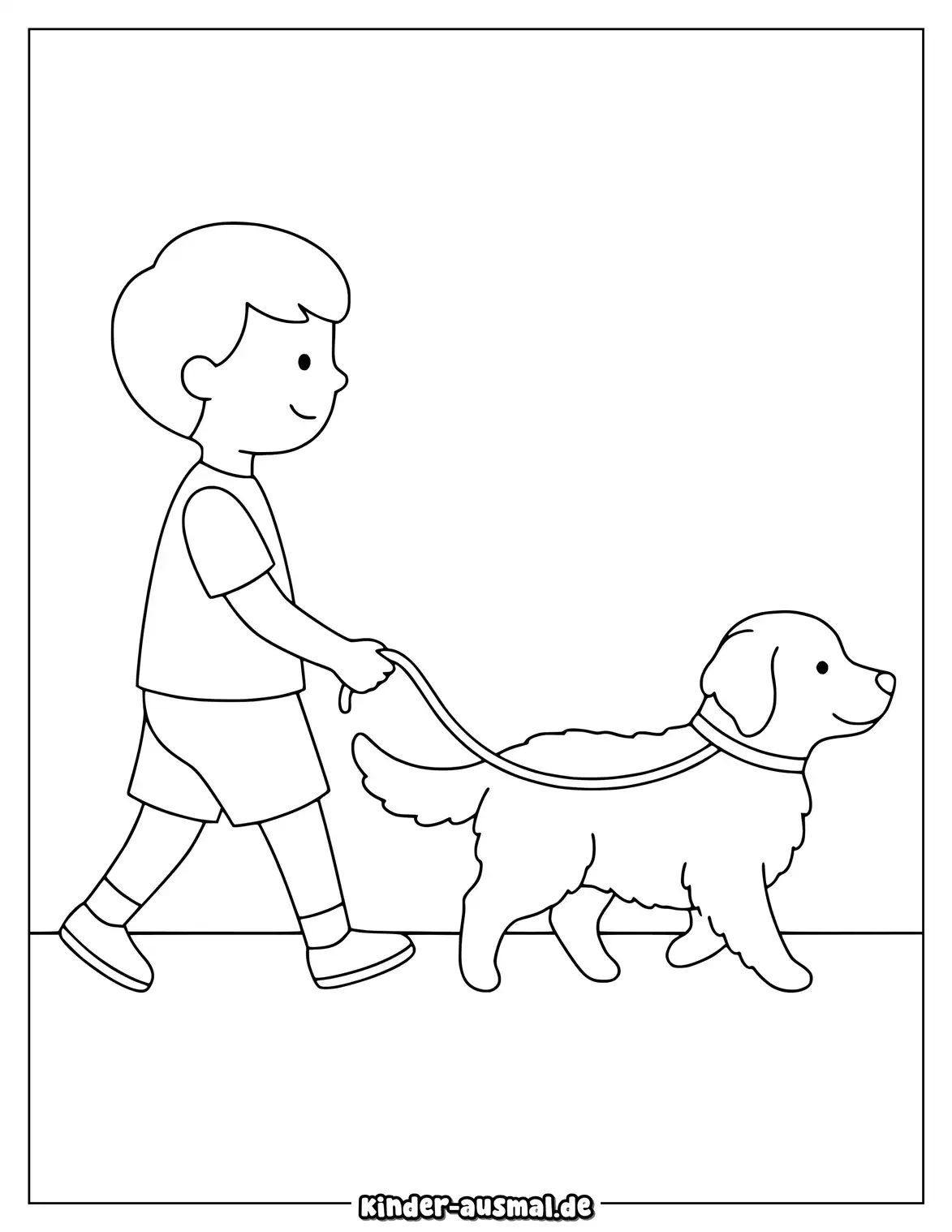 Junge geht mit einem Golden Retriever an einer Leine.
