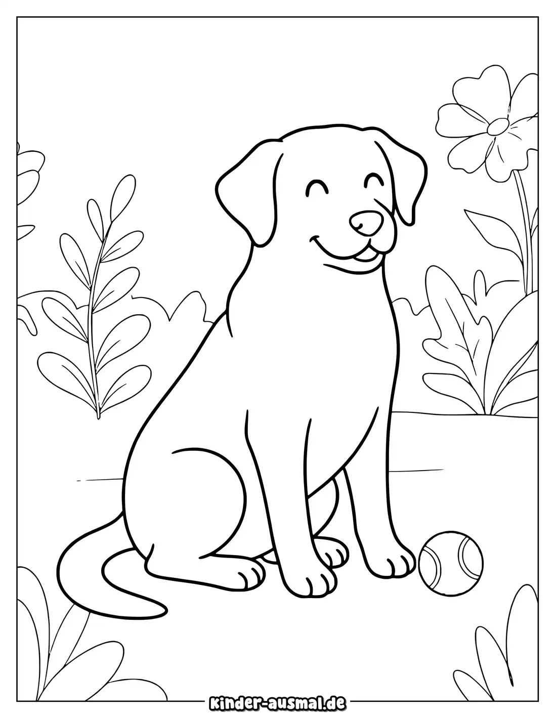 Labrador sitzt neben einem kleinen Ball im Garten und schaut.