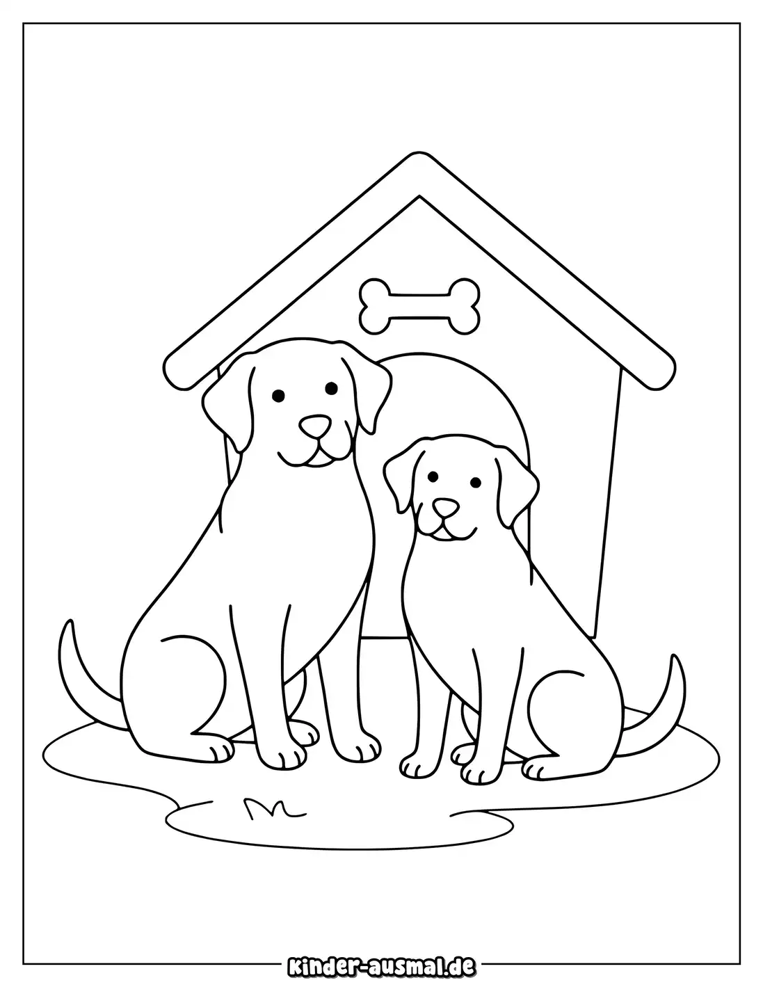 Zwei Labrador Hunde sitzen zusammen vor einer kleinen Hundehütte.