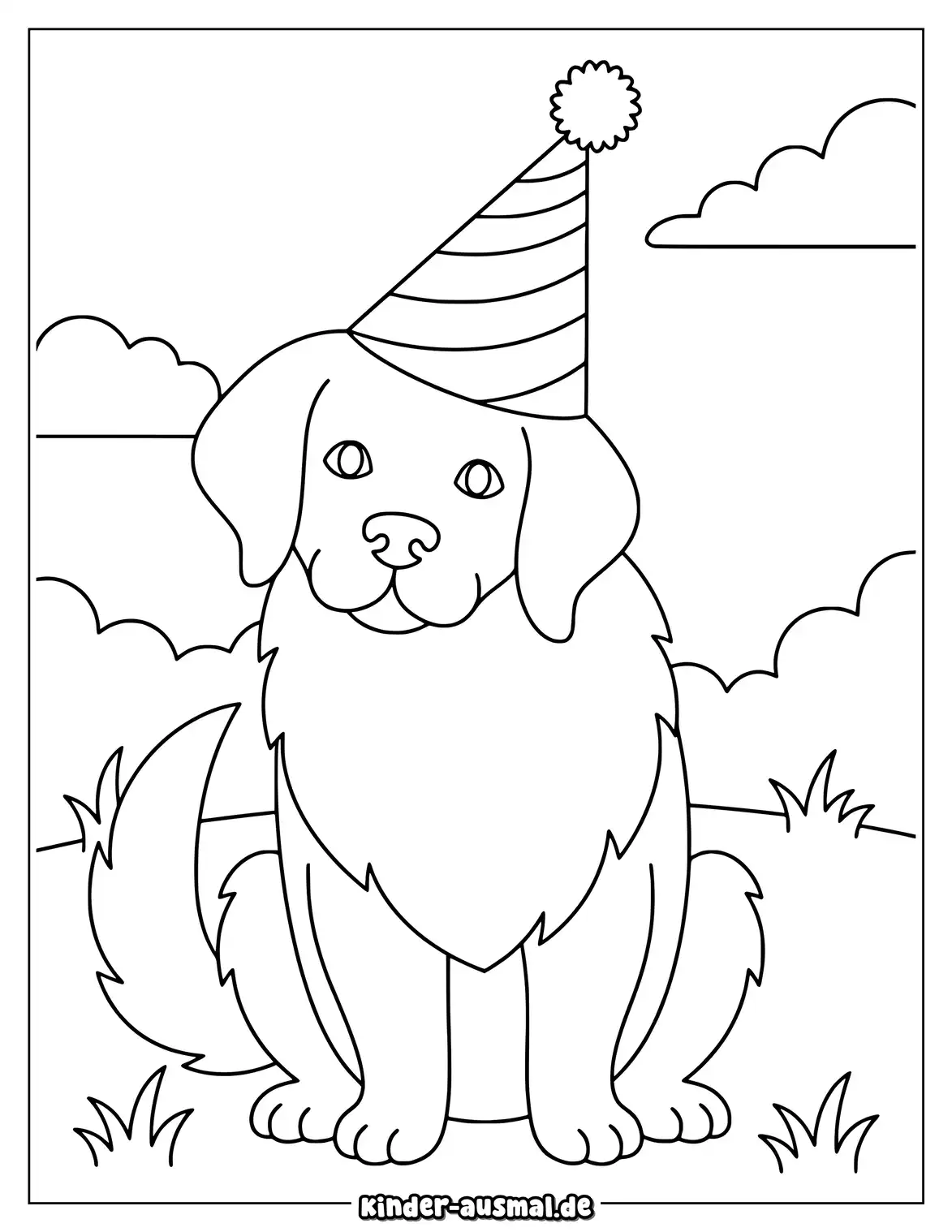 Golden Retriever sitzt mit einem lustigen Hut auf dem Kopf.