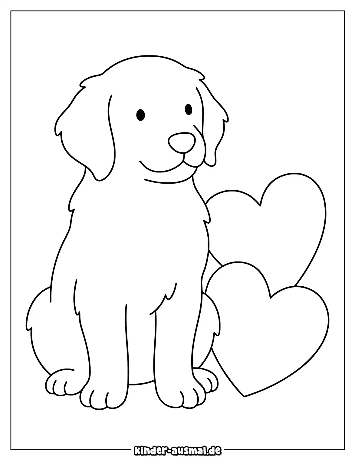 Golden Retriever Welpe sitzt neben zwei großen Herzen.