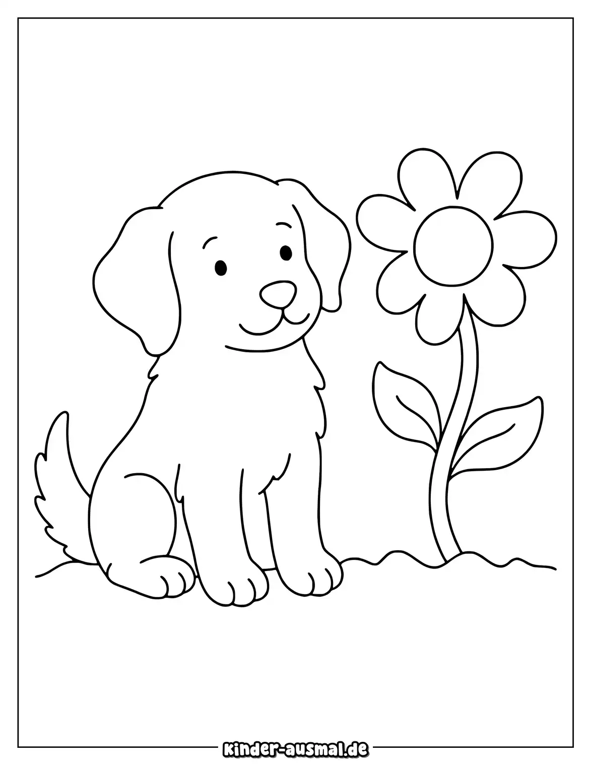 Golden Retriever Welpe sitzt vor einer großen Blume.