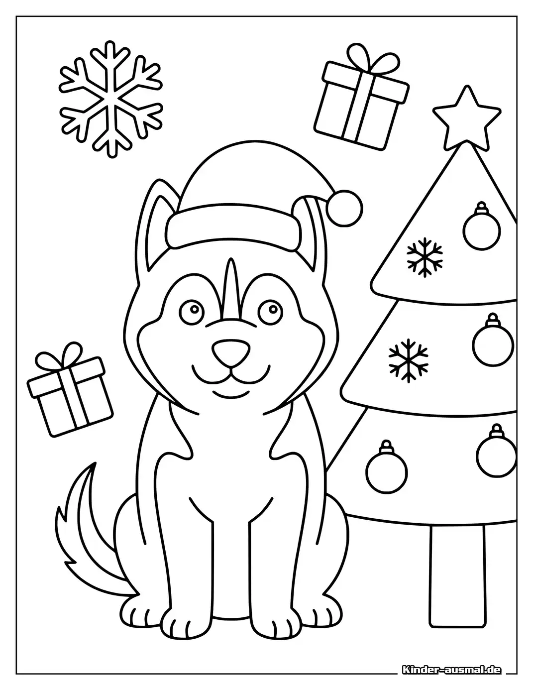 Husky mit Weihnachtsmotiv zum Ausmalen.