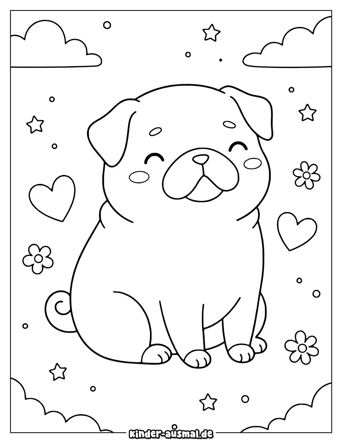 Kawaii-Mops mit runden Augen Herzen und kleinen Blumen.