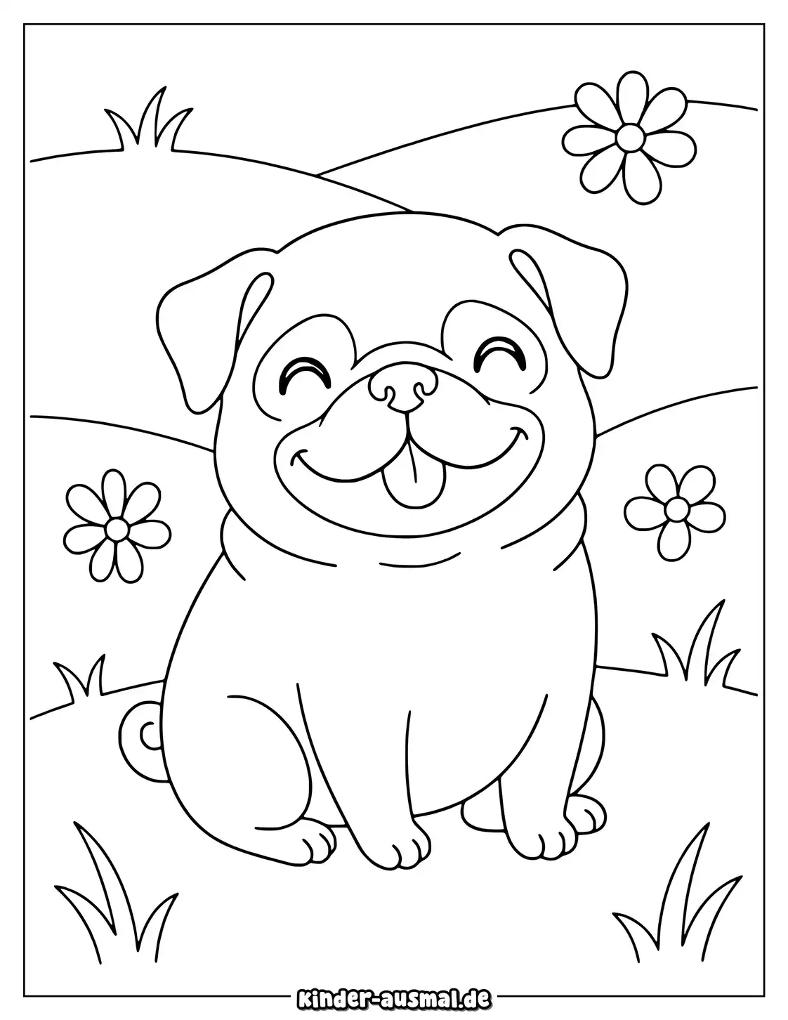 Lächelnder Mops sitzt mit drei einfachen Blumen neben sich.