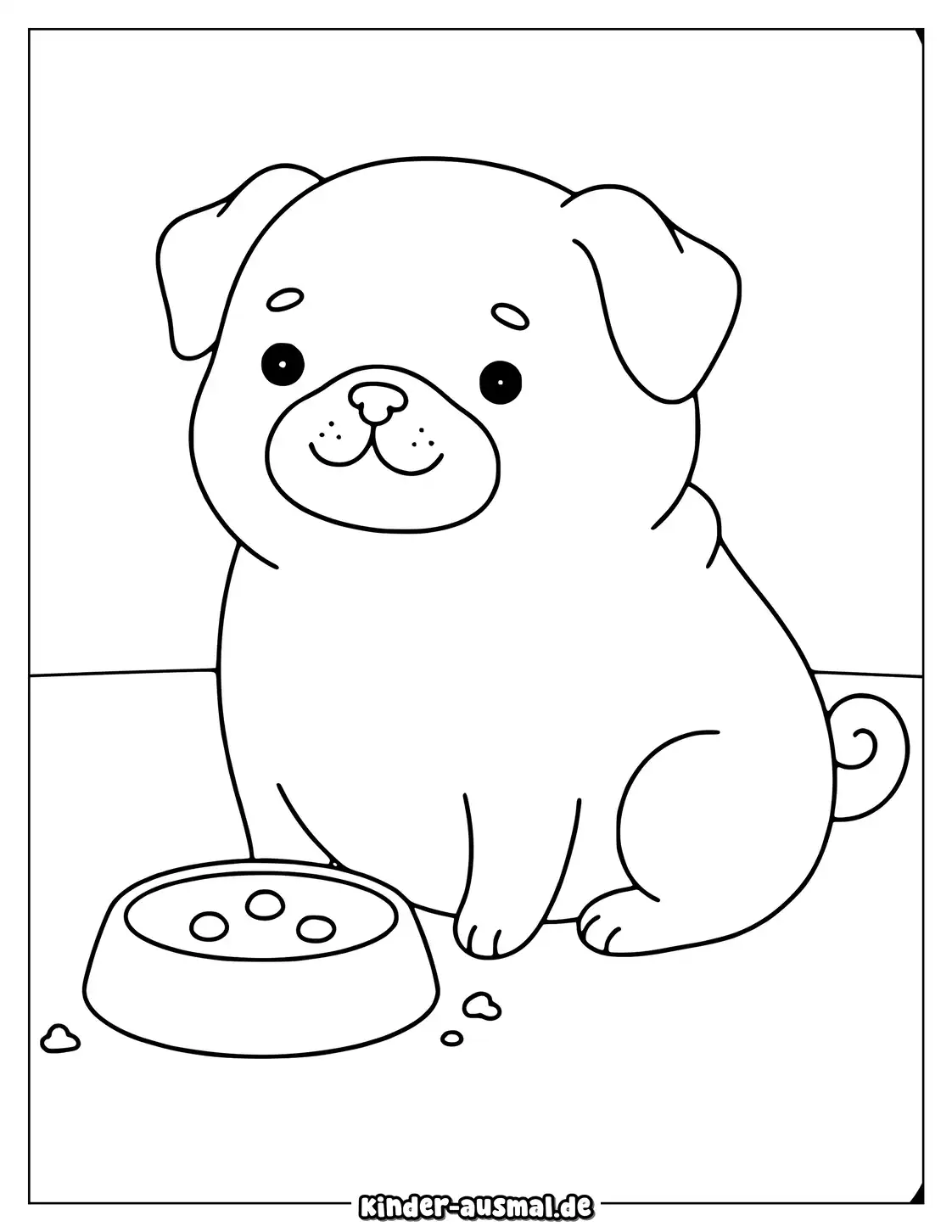 Mops sitzt neben einem Napf mit drei kleinen Leckerlis.