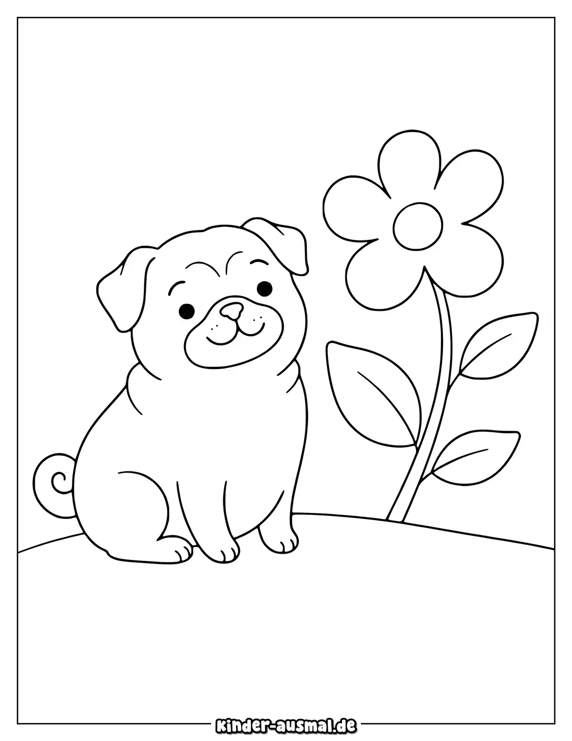 Mops sitzt neben einer Blume mit drei Blättern.