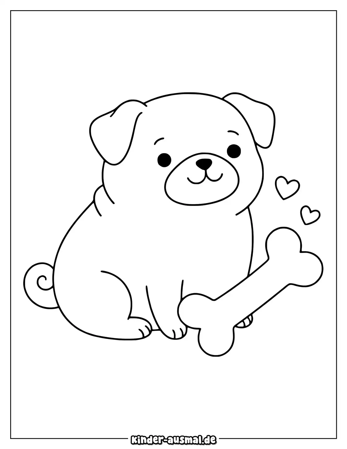Mops sitzt neben einem Knochen mit zwei kleinen Herzen.