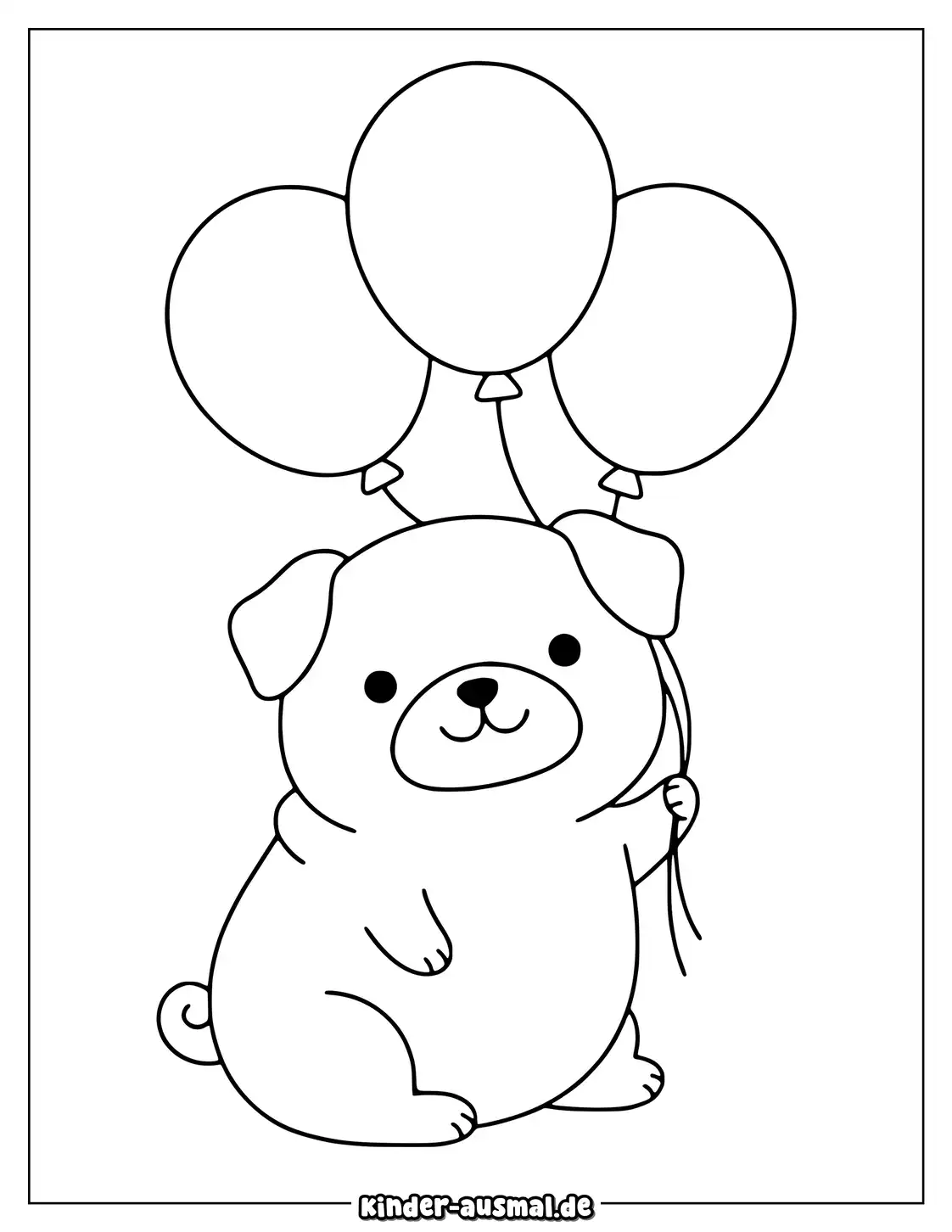 Mops sitzt unter drei Luftballons mit kleinen Sternen.