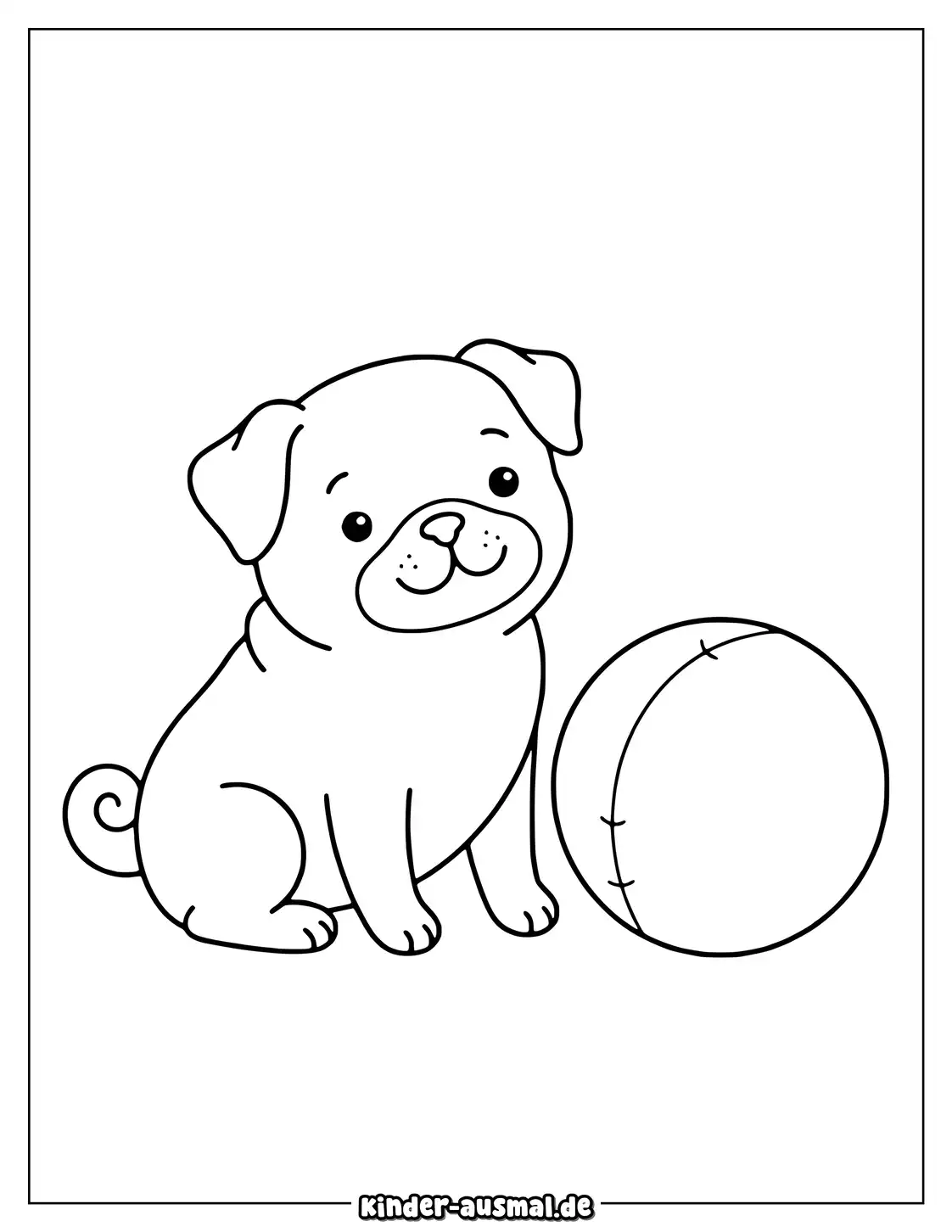 Mops spielt neben einem runden Ball und zwei kleinen Blättern.