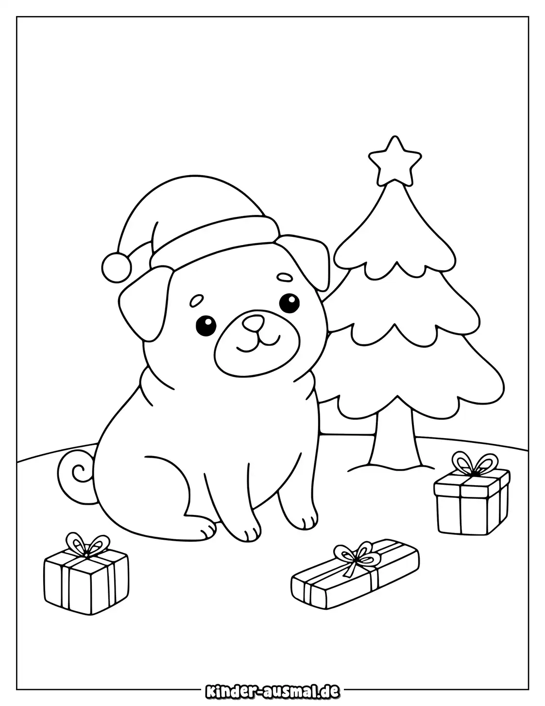 Mops trägt Weihnachtsmütze neben Geschenken und kleinem Baum.
