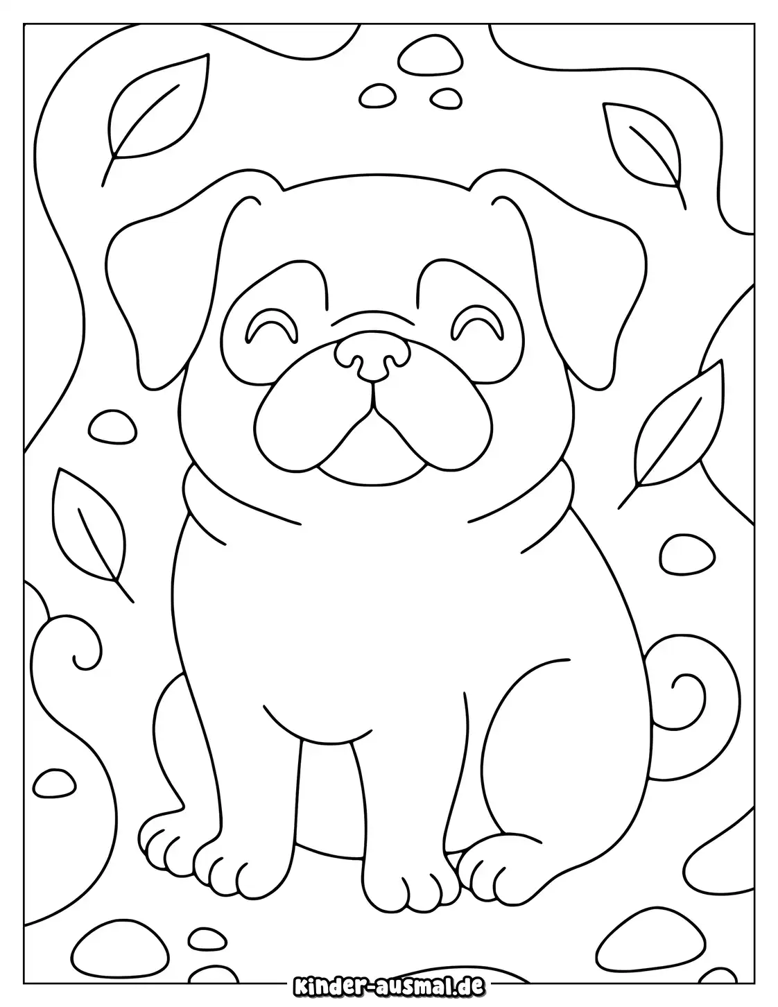 Mops sitzt mit geringeltem Schwanz und drei kleinen Blättern.
