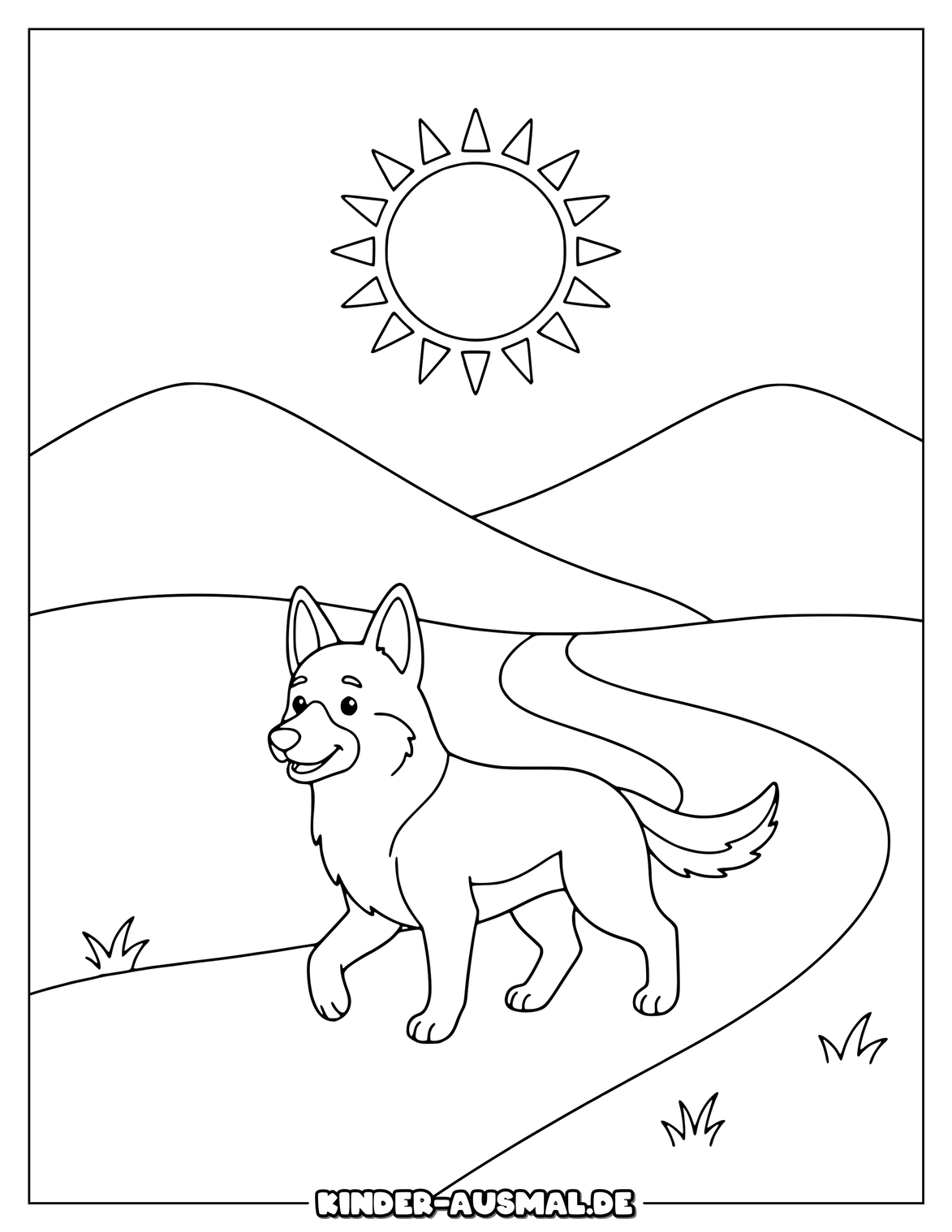 Schäferhund vor Hügeln mit Sonne und einfachem Weg.