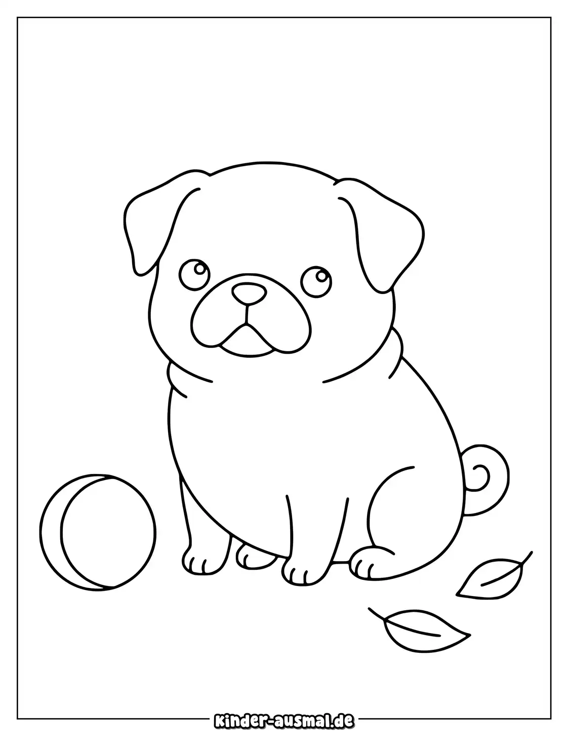 Schlichter Mops steht neben einer kleinen Blume und einem Blatt.