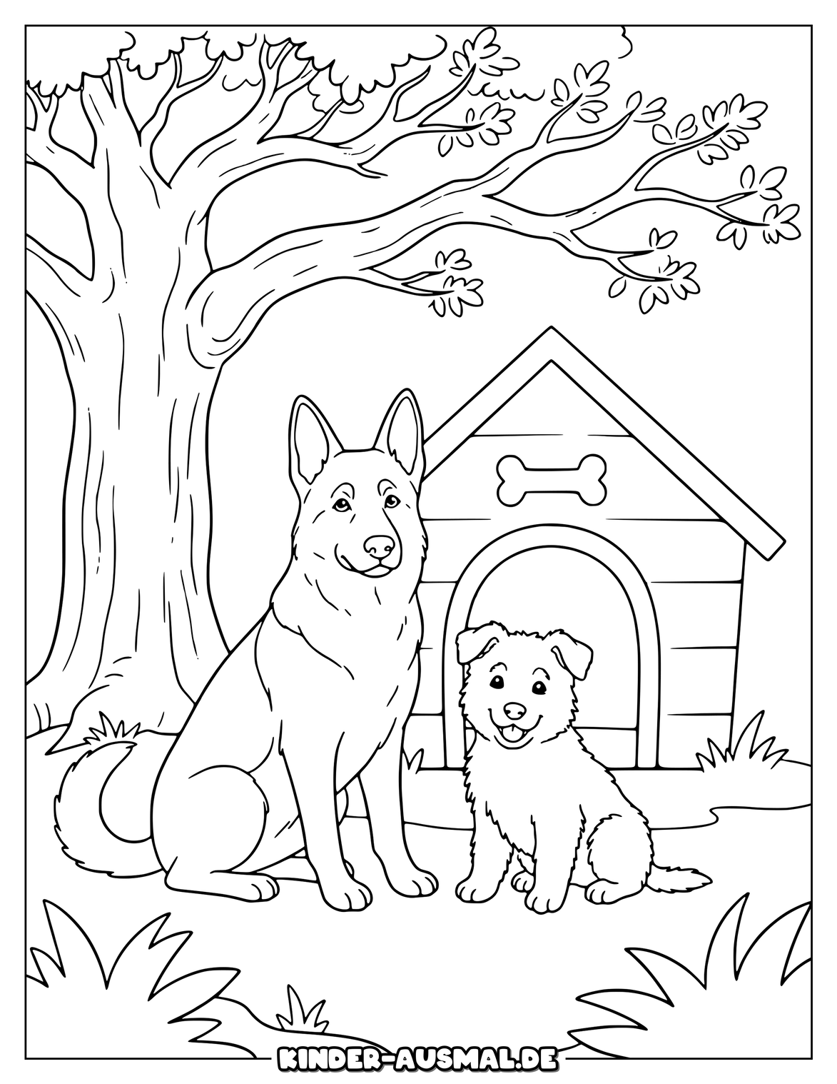 Schäferhund mit Welpe vor Hundehütte und großem Baum.
