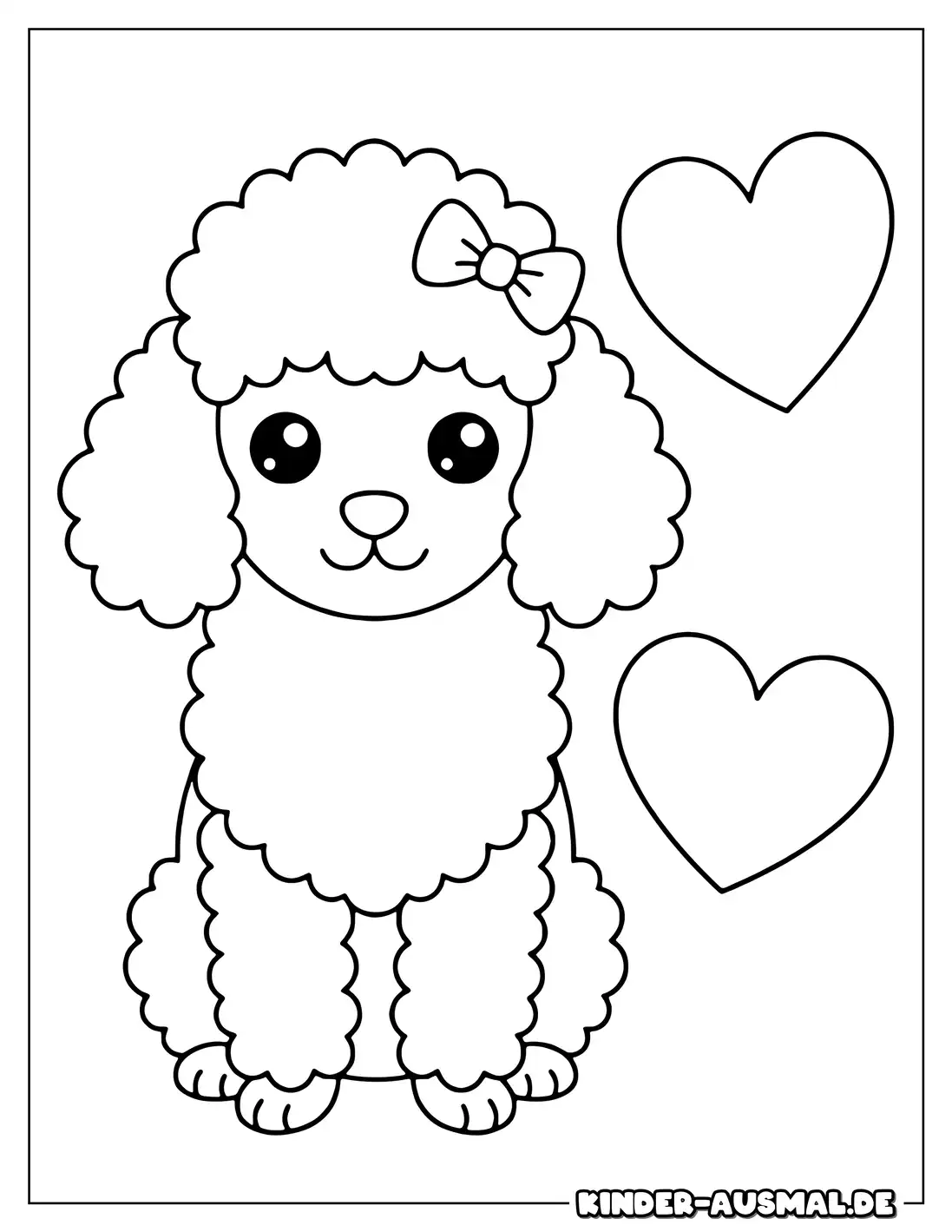Ein kawaii Pudel sitzt mit kleinen Herzen neben sich.