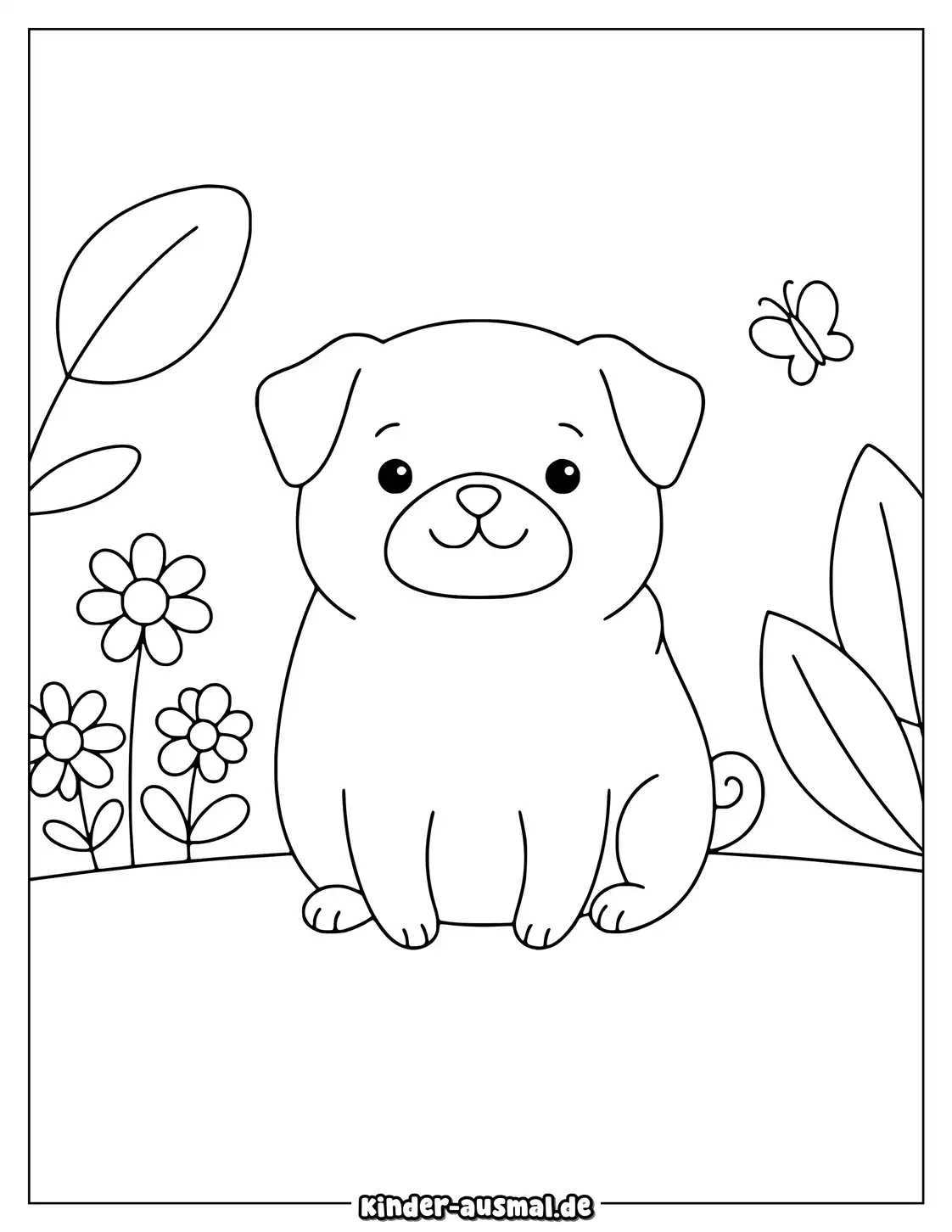 Mops sitzt zwischen Blumen Blättern und einem kleinen Schmetterling.