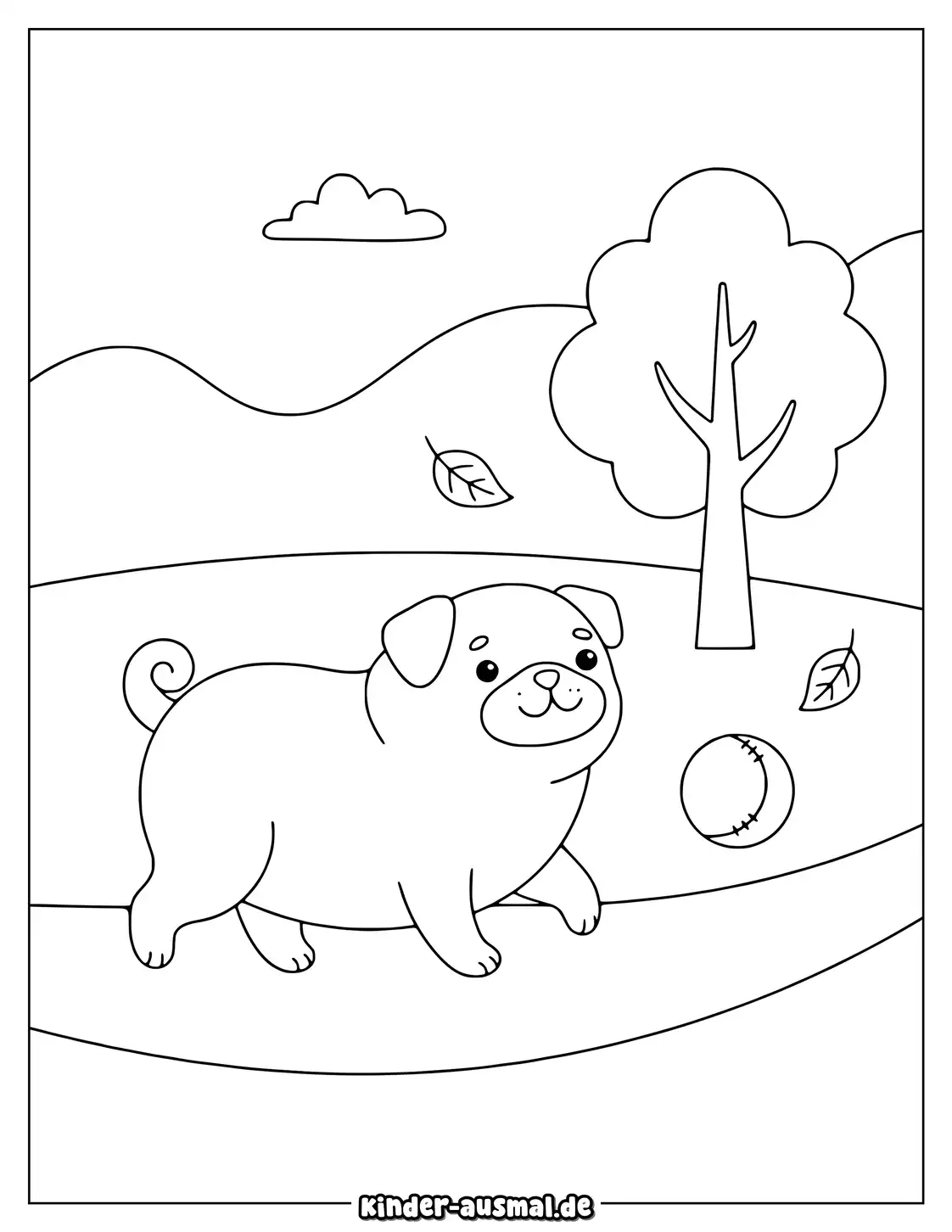 Mops läuft neben einem Ball einem Baum und zwei Blättern.