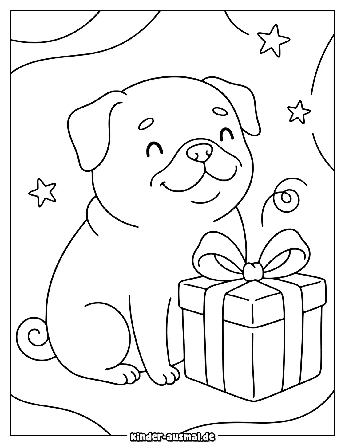 Mops sitzt neben einer Geschenkbox mit großer Schleife.