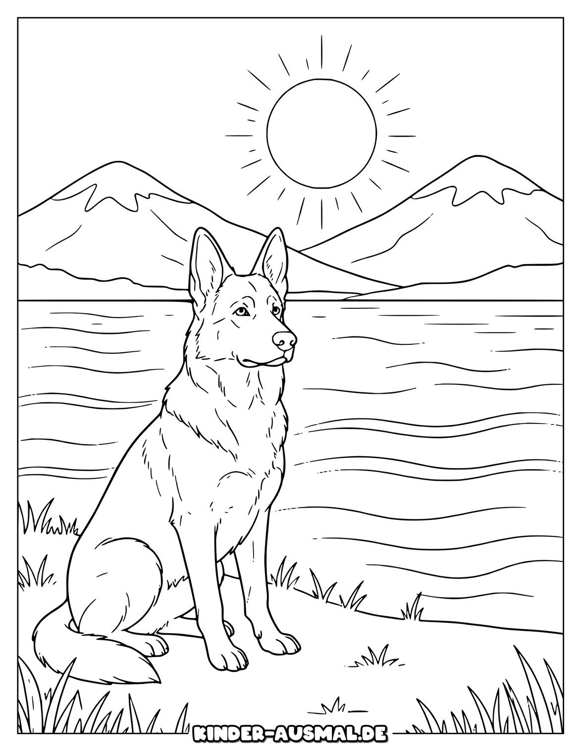Schäferhund am See mit Wasserlinien Bergen und Sonne.