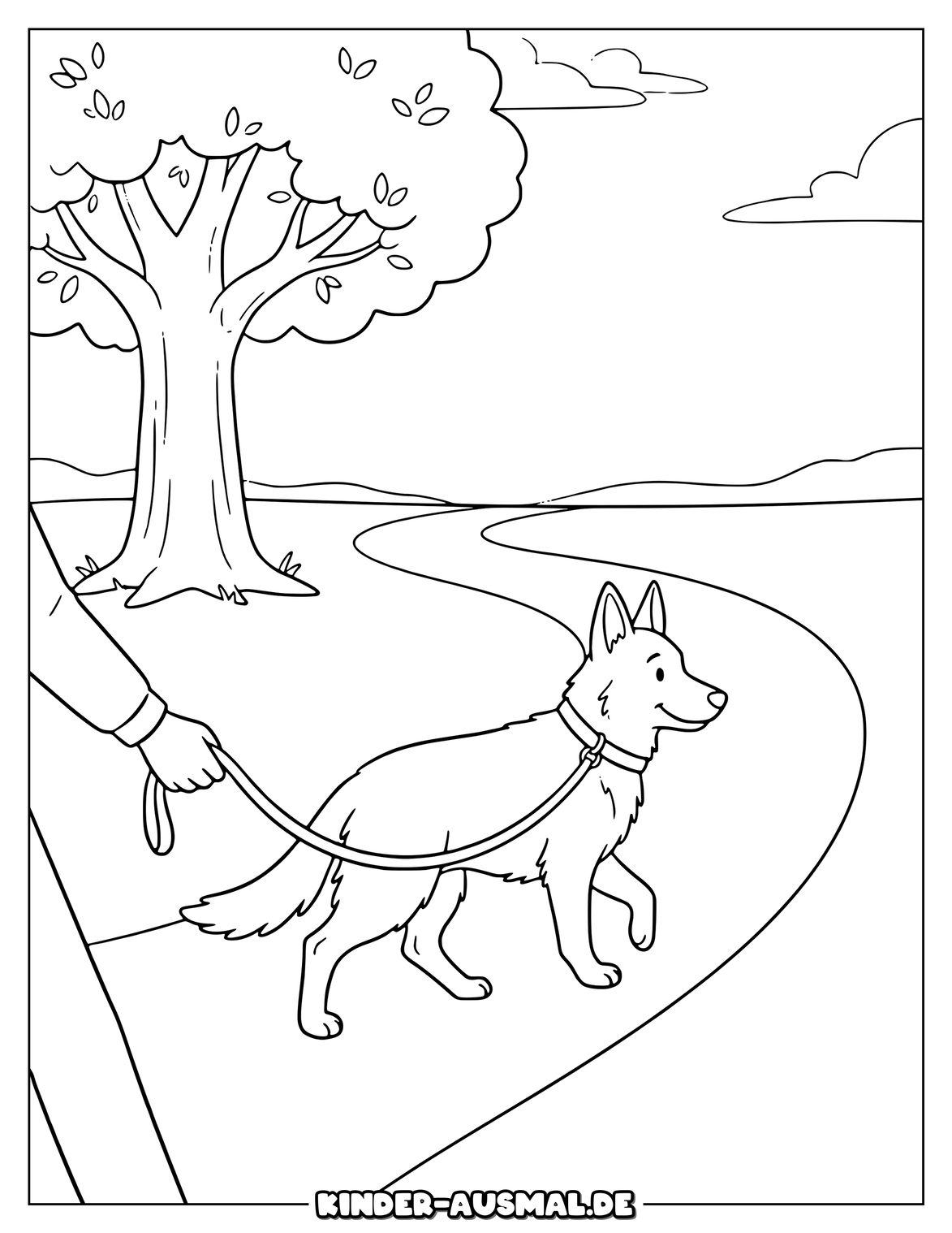 Schäferhund an Leine mit Weg Baum und großen Grasflächen.