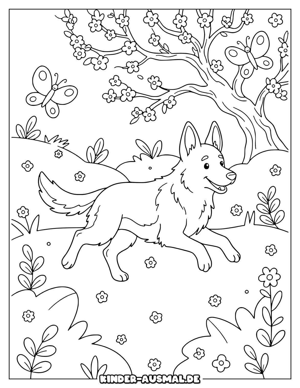 Schäferhund auf Wiese mit Blumen Baum und großen Schmetterlingen.