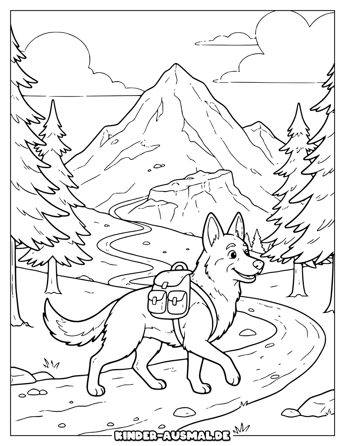 Schäferhund auf Wanderweg mit Rucksack Berg und Tannen.