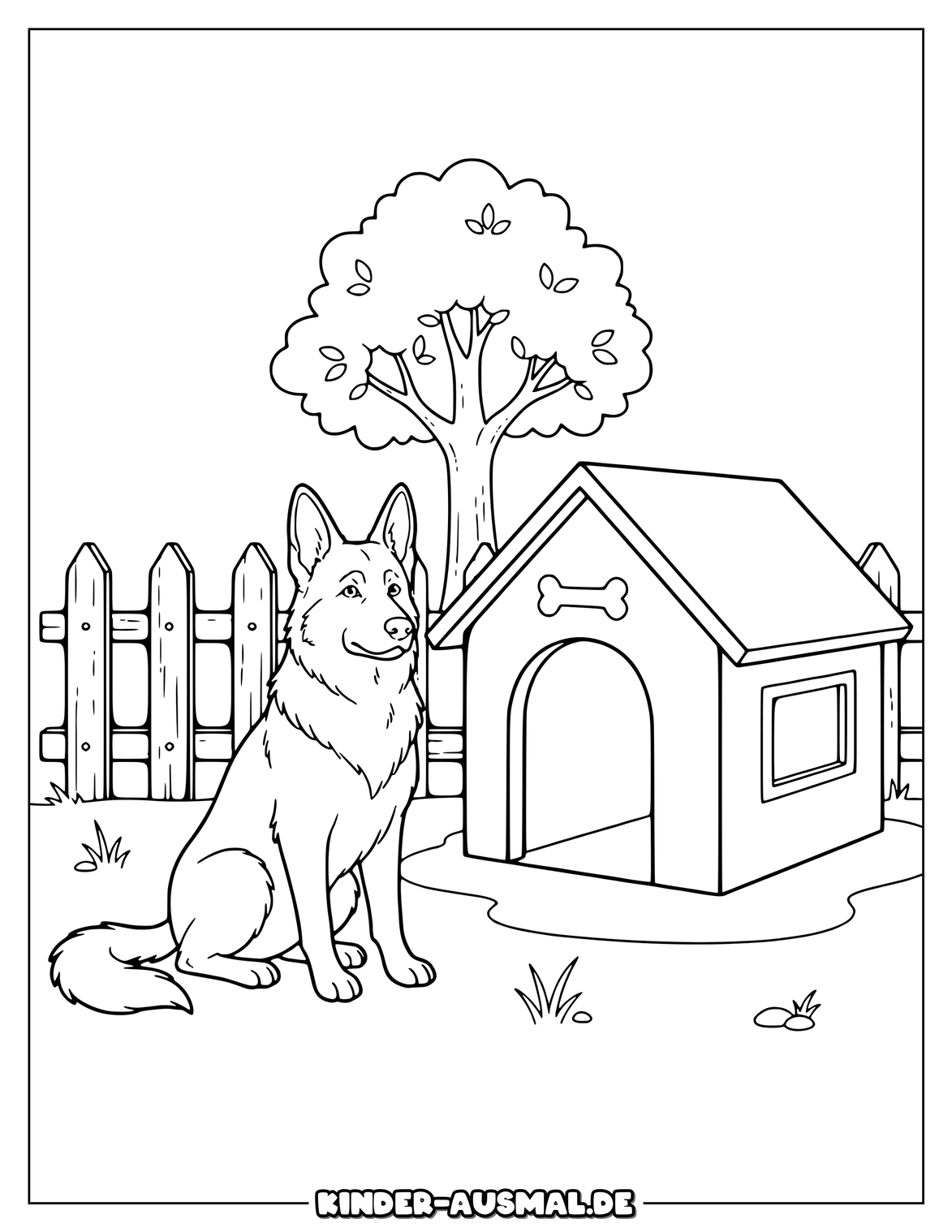 Schäferhund vor Hundehütte mit Zaun und kleinem Baum.