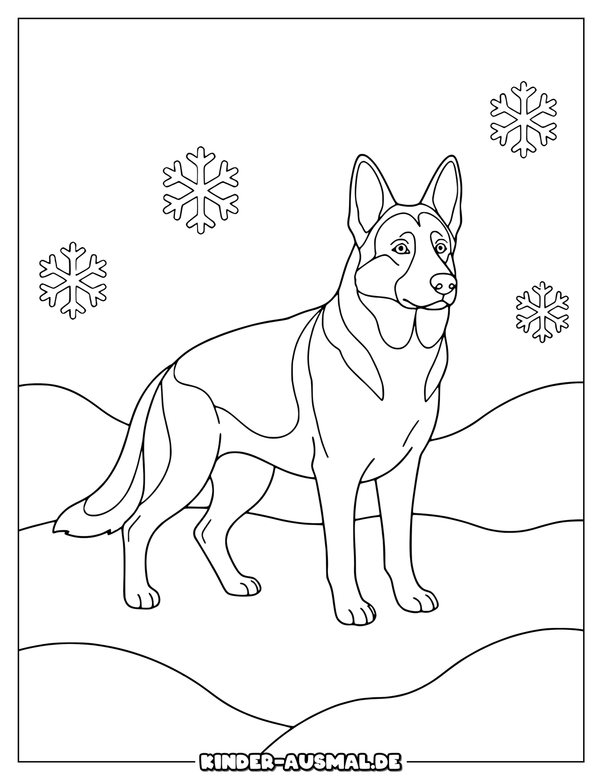 Schäferhund im Schnee zwischen Schneehügeln und großen Flocken.
