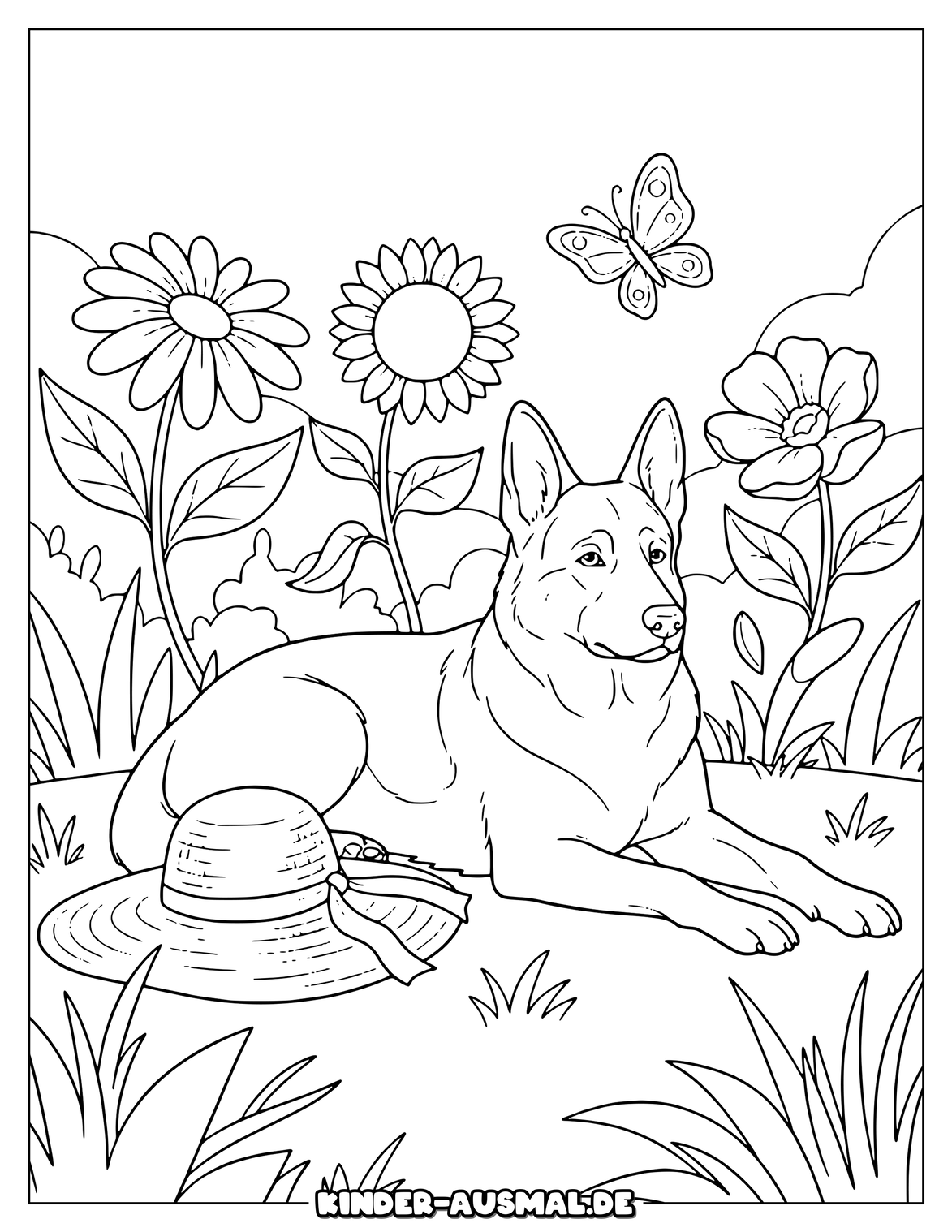 Schäferhund im Garten mit Blumen Schmetterling und Sonnenhut.