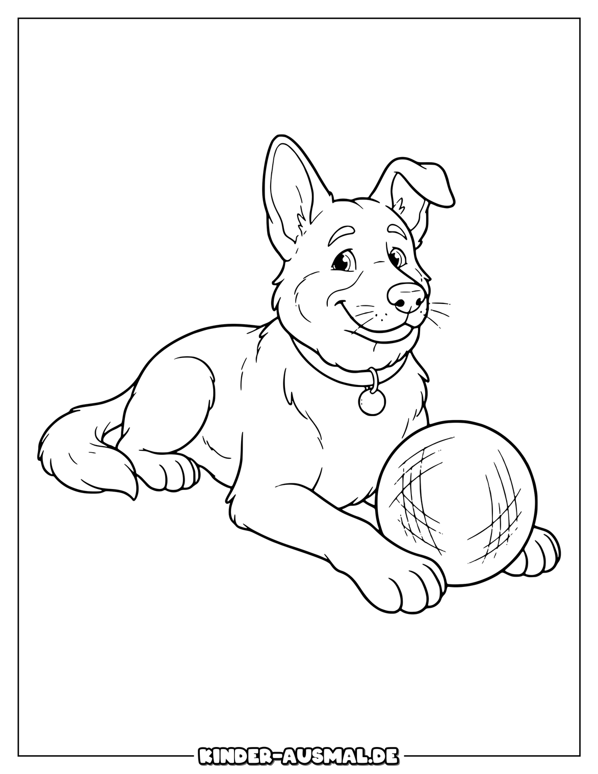 Schäferhund mit rundem Ball und großen ausgestreckten Pfoten.